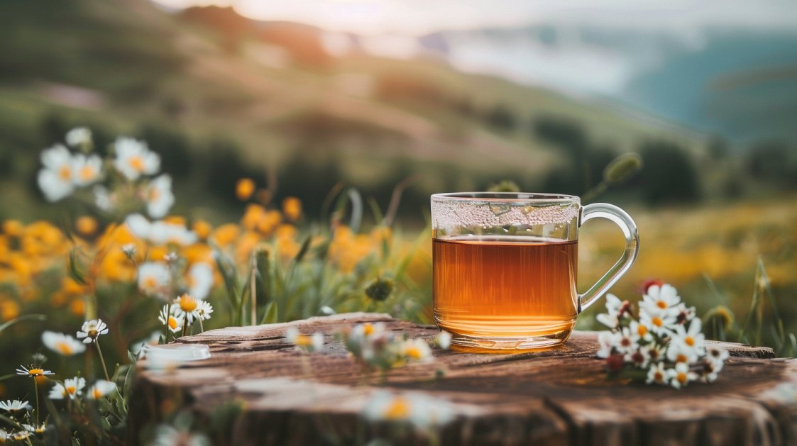 Früchtetee in einem Glas, welches in einem Korb steht und dieser Korb auf einer karierten Decke. Der Früchtetee stammt von 7Tea, welche Bio-Tees herstellen.