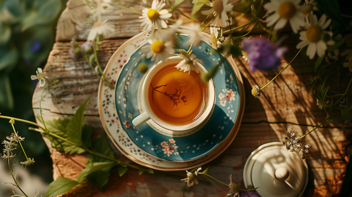 Eine Tasse mit Bio-Kräutertee von 7Tea, die auf einem Holztisch steht und Blumen im Vordergrund zu sehen sind