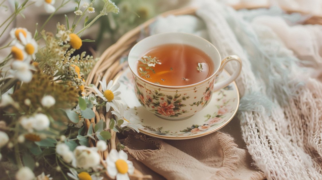Rooibus Tee in einer Tasse vor einem orangenen Hintergrund