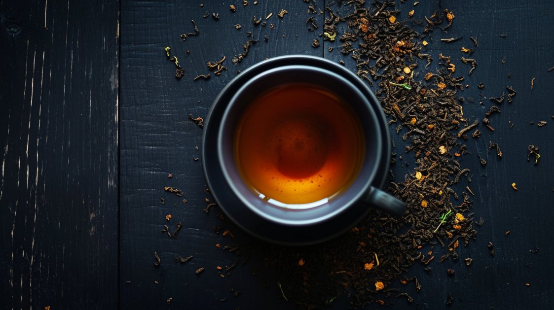 Schwarzer Tee Illustration in einer schwarzen Tasse mit einem orangenen Hintergrund