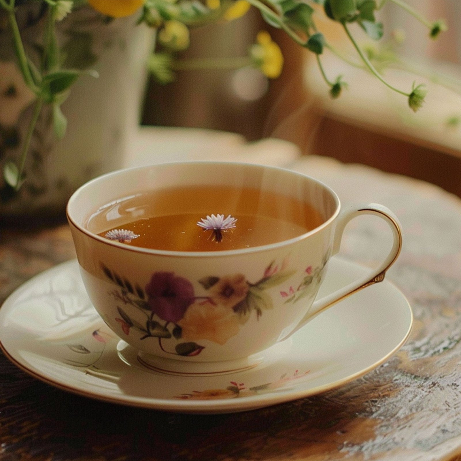 Eine zarte Porzellantasse mit blumigem Muster, gefüllt mit bernsteinfarbenem Tee, steht auf einem Unterteller aus demselben Set. Eine kleine lila Blume schwimmt auf der Teeoberfläche. Im Hintergrund sind unscharfe grüne Blätter und gelbe Blüten zu sehen, die eine gemütliche, naturnahe Atmosphäre schaffen.