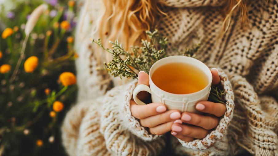 Eine Person im gestrickten Pullover und Schal hält eine Tasse mit dampfendem Tee in den Händen, umgeben von einer unscharfen Naturkulisse mit bunten Blumen.