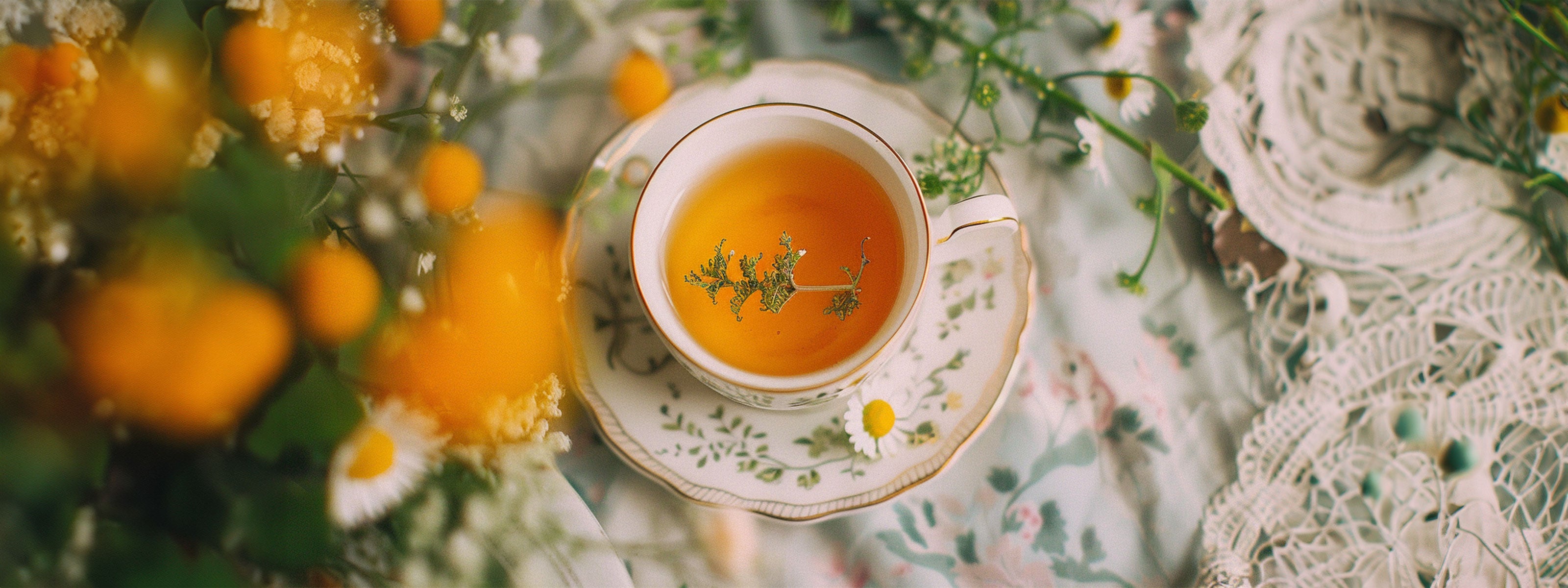 Eine elegante Tasse Tee auf einem dekorativen Unterteller, umgeben von zarten gelben Blumen und grünen Blättern. Der Tee hat eine klare, bernsteinfarbene Flüssigkeit und eine kleine Blume schwimmt auf der Oberfläche. Das Arrangement vermittelt ein Gefühl von Frische und Natürlichkeit.